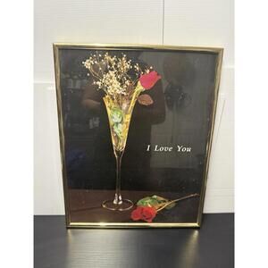 Vintage Romantic Rose Champagne Glass “I Love You” Framed Wall Art
